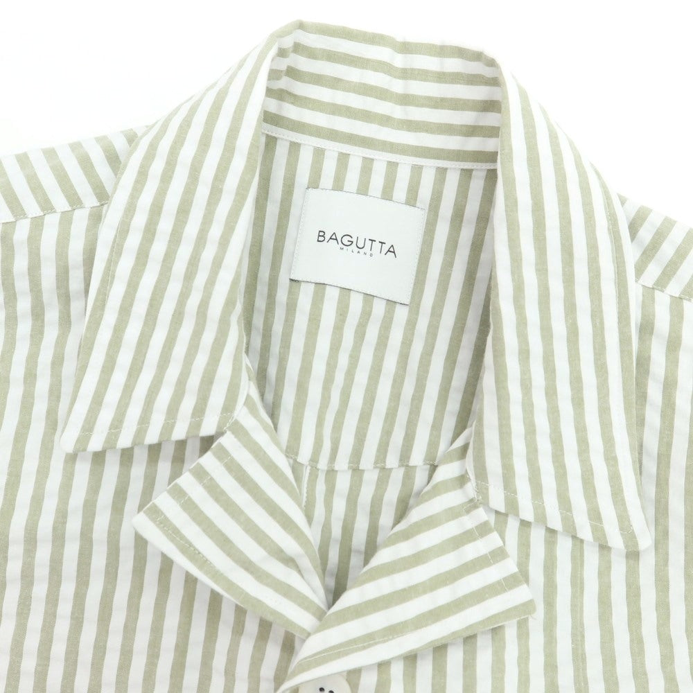【新品】バグッタ Bagutta LIAM ストレッチ コットン シアサッカー ストライプ オープンカラー シャツブルゾン ホワイトxライトオリーブ【 S 】【 状態ランクN 】【 メンズ 】