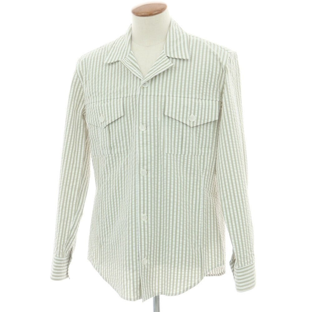 【新品】バグッタ Bagutta LIAM ストレッチ コットン シアサッカー ストライプ オープンカラー シャツブルゾン ホワイトxライトオリーブ【 M 】【 状態ランクN 】【 メンズ 】