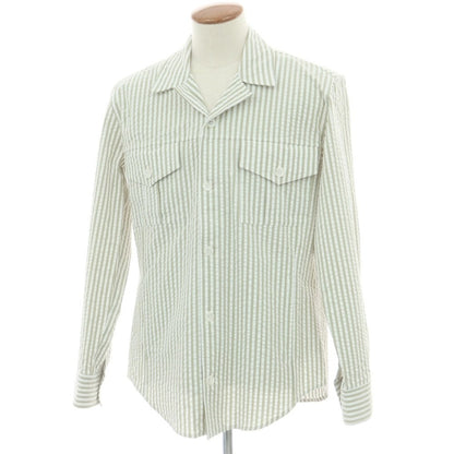 【新品】バグッタ Bagutta LIAM ストレッチ コットン シアサッカー ストライプ オープンカラー シャツブルゾン ホワイトxライトオリーブ【 M 】【 状態ランクN 】【 メンズ 】