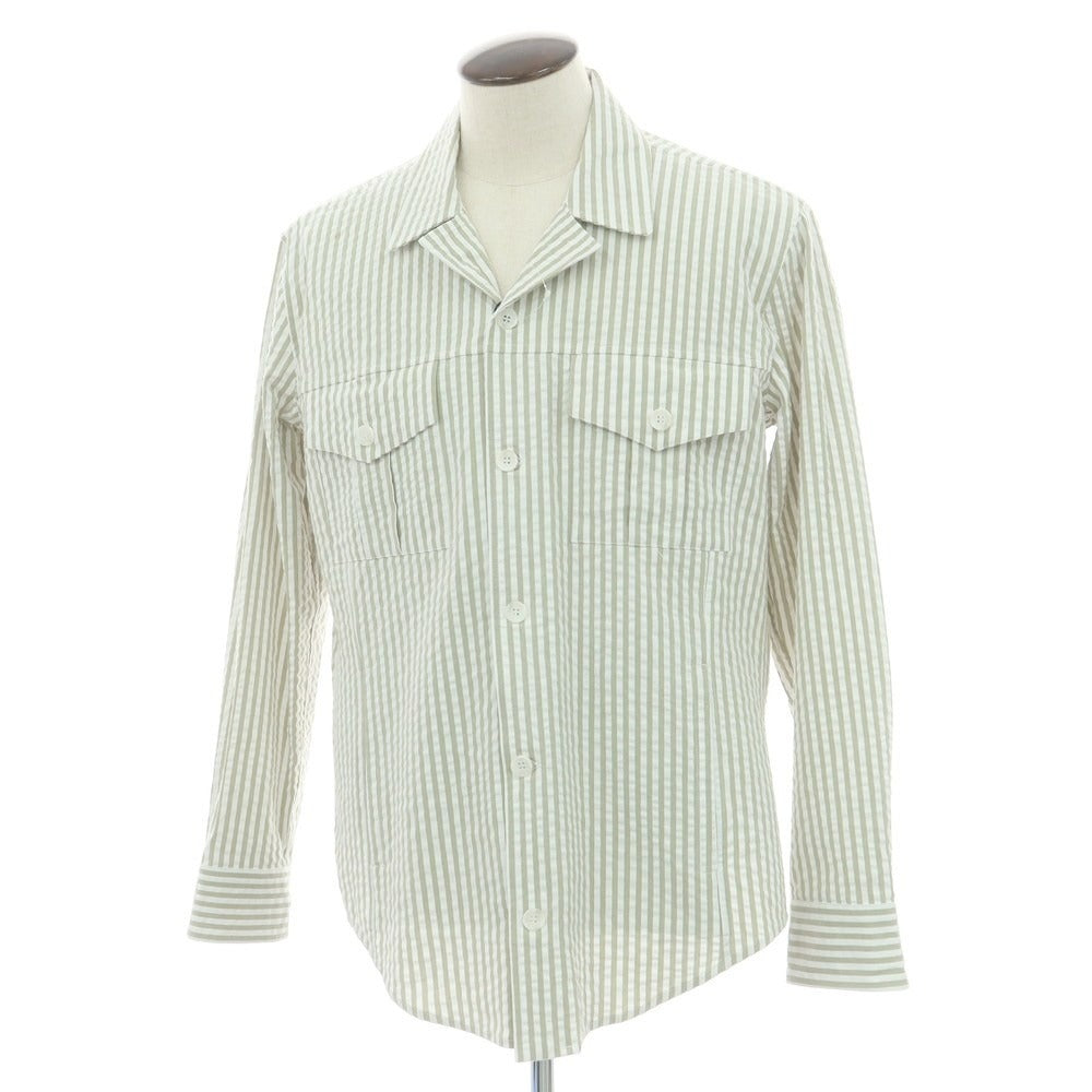 【新品】バグッタ Bagutta LIAM ストレッチ コットン シアサッカー ストライプ オープンカラー シャツブルゾン ホワイトxライトオリーブ【 L 】【 状態ランクN 】【 メンズ 】