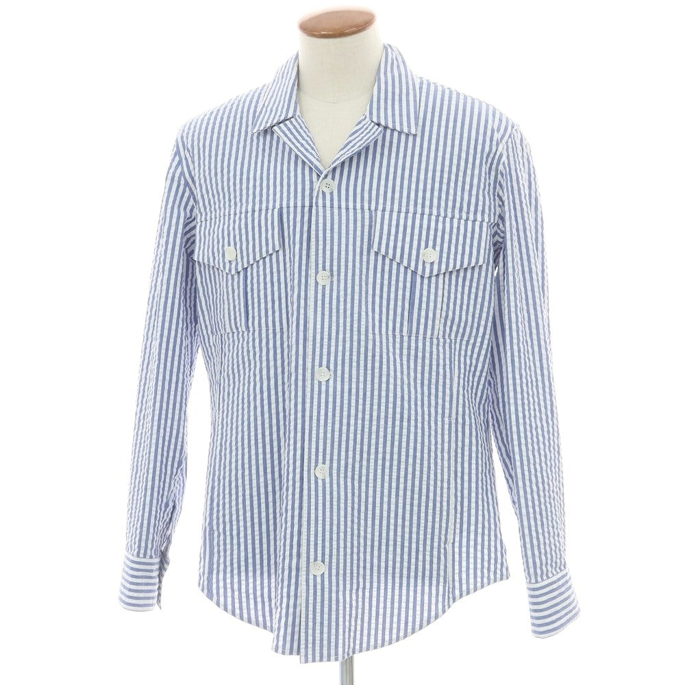 【新品】バグッタ Bagutta LIAM ストレッチ コットン シアサッカー ストライプ オープンカラー シャツブルゾン ホワイトxブルー【 M 】【 状態ランクN 】【 メンズ 】[DPD]