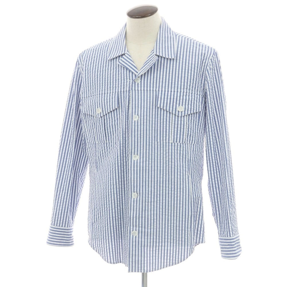 【新品】バグッタ Bagutta LIAM ストレッチ コットン シアサッカー ストライプ オープンカラー シャツブルゾン ホワイトxブルー【 サイズL 】【 状態ランクN 】【 メンズ 】 [DPD]