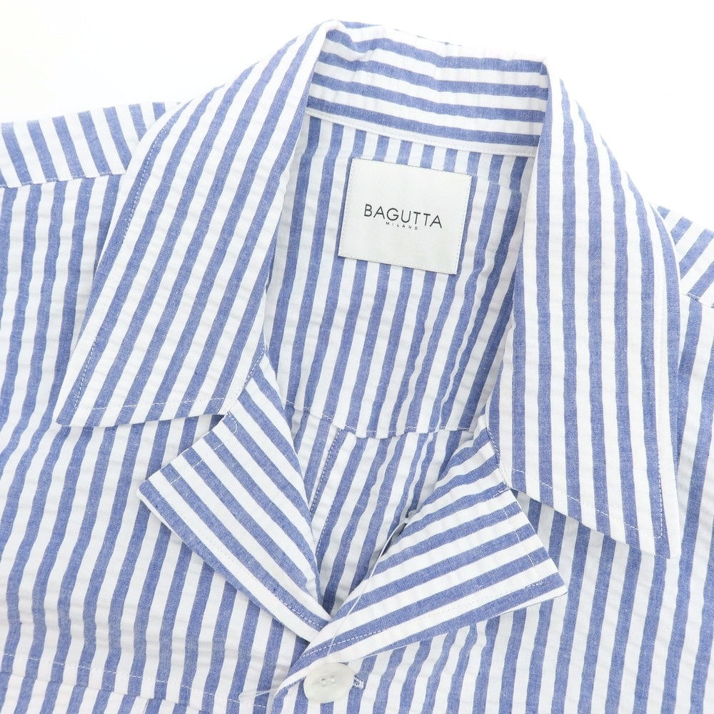 【新品】バグッタ Bagutta LIAM ストレッチ コットン シアサッカー ストライプ オープンカラー シャツブルゾン ホワイトxブルー【 サイズL 】【 状態ランクN 】【 メンズ 】 [DPD]