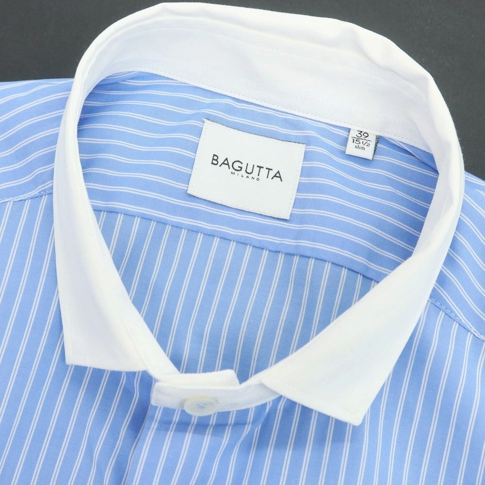 【新品】バグッタ Bagutta LEOPOLDA コットン ストライプ クレリック ショートカラー カジュアルシャツ ブルーxホワイト【 39 】【 状態ランクN 】【 メンズ 】