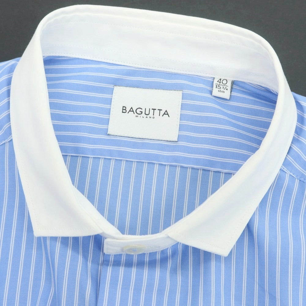 【新品】バグッタ Bagutta LEOPOLDA コットン ストライプ クレリック ショートカラー カジュアルシャツ ブルーxホワイト【 40 】【 状態ランクN 】【 メンズ 】