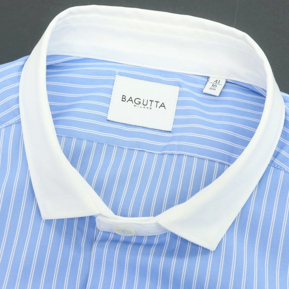 【新品】バグッタ Bagutta LEOPOLDA コットン ストライプ クレリック ショートカラー カジュアルシャツ ブルーxホワイト【 41 】【 状態ランクN 】【 メンズ 】