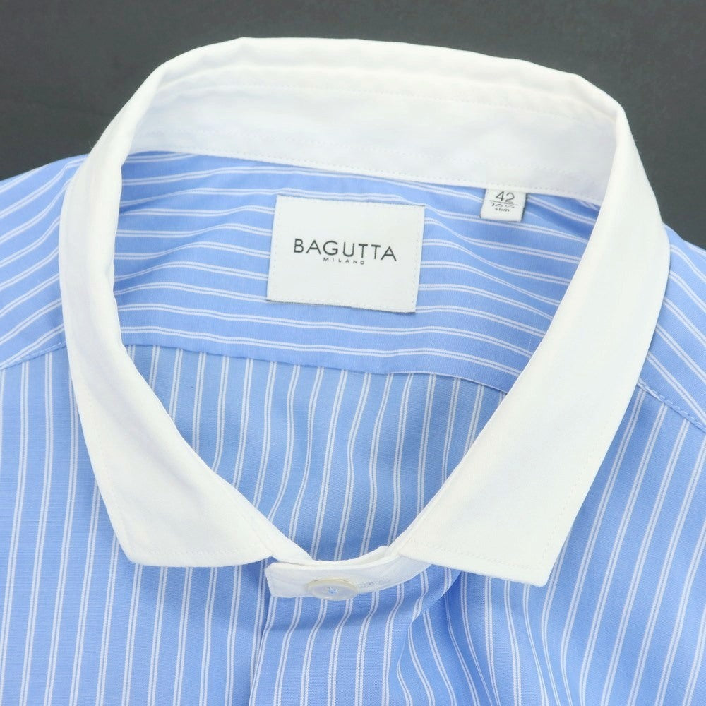 【中古】バグッタ Bagutta LEOPOLDA コットン ストライプ クレリック ショートカラー カジュアルシャツ ブルーxホワイト【 42 】【 状態ランクA 】【 メンズ 】