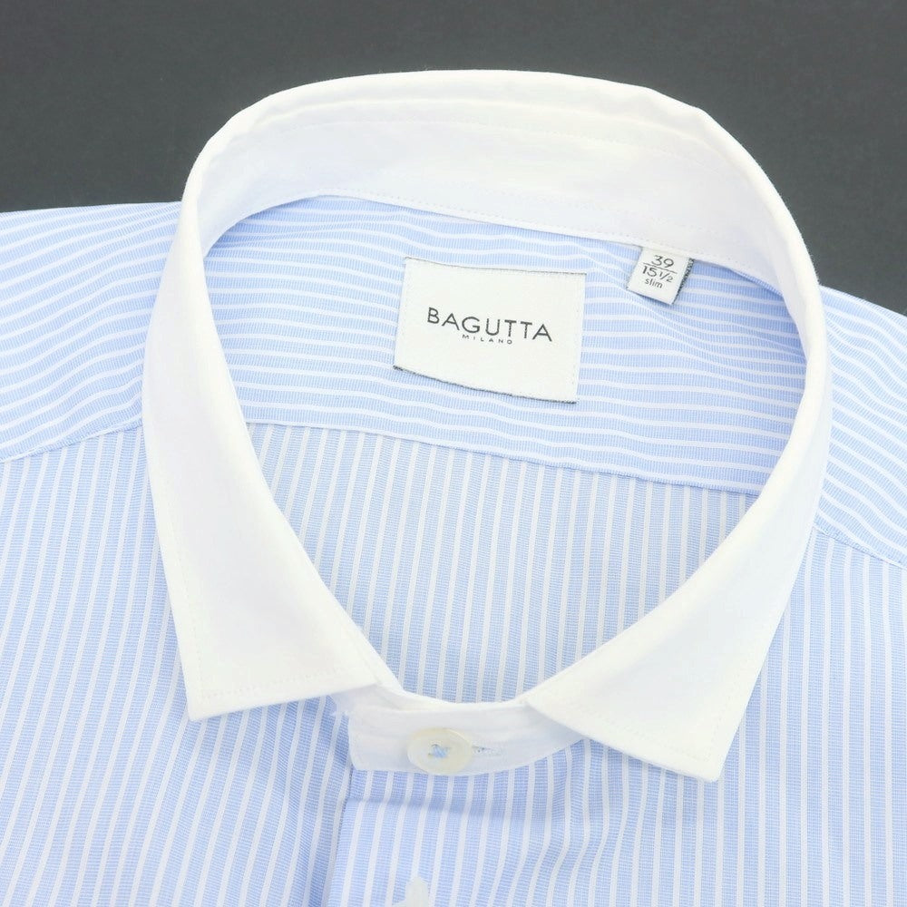 【新品】バグッタ Bagutta LEOPOLDA コットン ストライプ クレリック ショートカラー カジュアルシャツ ライトブルーxホワイト【 39 】【 状態ランクN 】【 メンズ 】