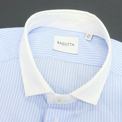 【新品】バグッタ Bagutta LEOPOLDA コットン ストライプ クレリック ショートカラー カジュアルシャツ ライトブルーxホワイト【 39 】【 状態ランクN 】【 メンズ 】