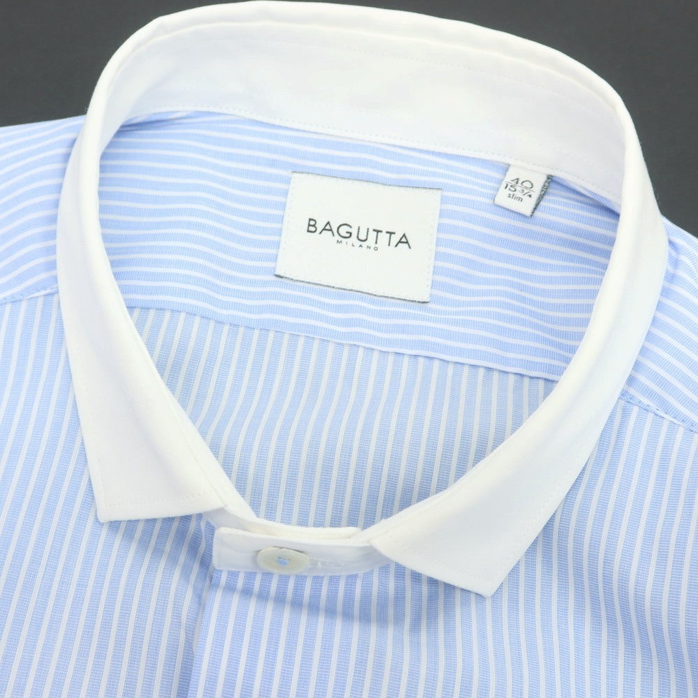 【新品】バグッタ Bagutta LEOPOLDA コットン ストライプ クレリック ショートカラー カジュアルシャツ ライトブルーxホワイト【 40 】【 状態ランクN 】【 メンズ 】