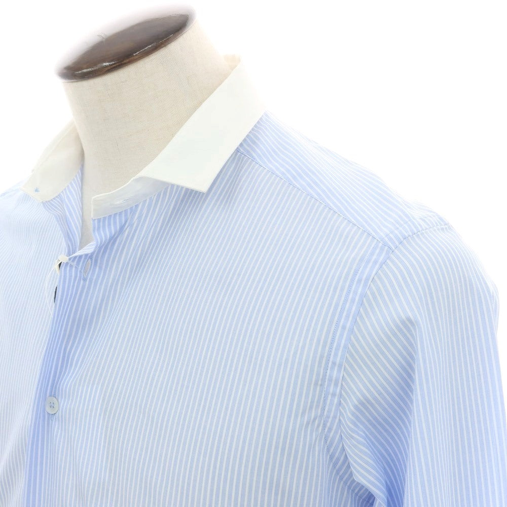 【新品】バグッタ Bagutta LEOPOLDA コットン ストライプ クレリック ショートカラー カジュアルシャツ ライトブルーxホワイト【 41 】【 状態ランクN 】【 メンズ 】