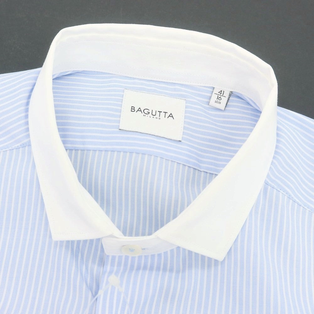 【新品】バグッタ Bagutta LEOPOLDA コットン ストライプ クレリック ショートカラー カジュアルシャツ ライトブルーxホワイト【 41 】【 状態ランクN 】【 メンズ 】