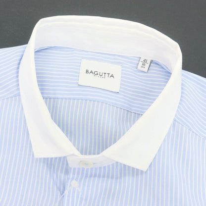 【新品】バグッタ Bagutta LEOPOLDA コットン ストライプ クレリック ショートカラー カジュアルシャツ ライトブルーxホワイト【 41 】【 状態ランクN 】【 メンズ 】