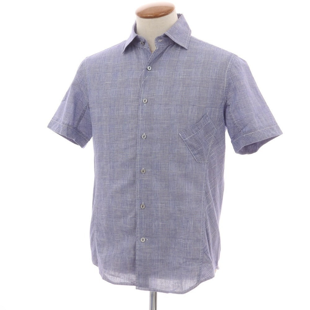 【中古】ユニバーサルランゲージ UNIVERSAL LANGUAGE コットンリネンレーヨン グレンチェック セミワイドカラー 半袖シャツ ライトネイビーxホワイト【 48 】【 状態ランクB 】【 メンズ 】