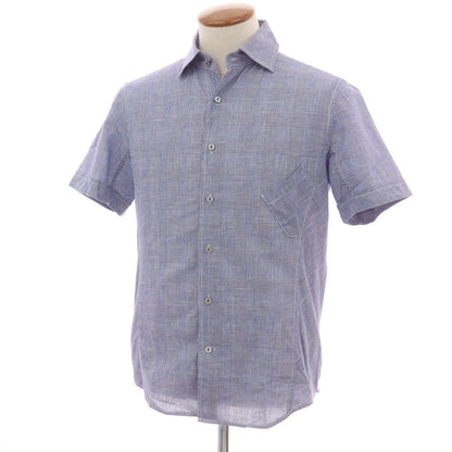 【中古】ユニバーサルランゲージ UNIVERSAL LANGUAGE コットンリネンレーヨン グレンチェック セミワイドカラー 半袖シャツ ライトネイビーxホワイト【 48 】【 状態ランクB 】【 メンズ 】