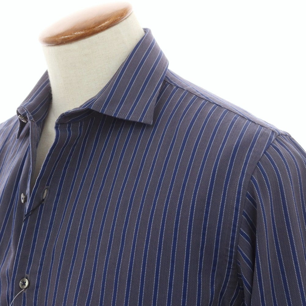 【中古】アレグリ Allegri コットン ストライプ セミワイドカラー カジュアルシャツ ネイビーxウォームグレー【 46 】【 状態ランクA 】【 メンズ 】