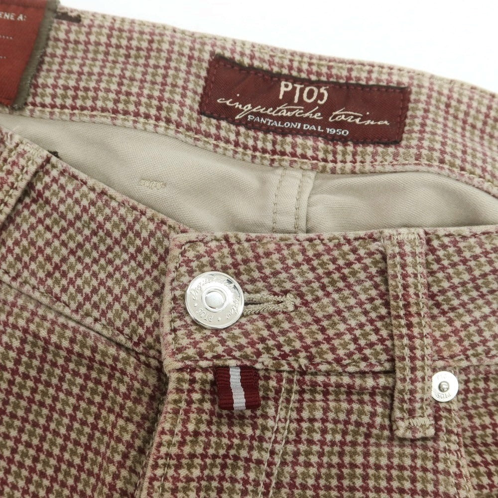 【中古】ピーティーゼロチンクエ PT05 TORINO ストレッチ コットン ハウンドトゥースチェック 5ポケットパンツ ベージュxワイン×オリーブ【サイズ32】【 状態ランクC 】【 メンズ 】 [CPD]