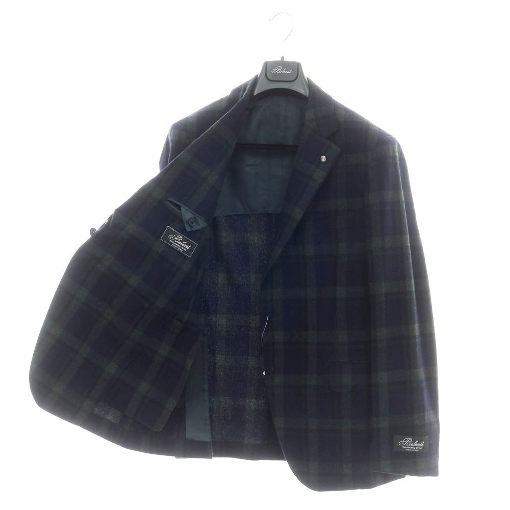 【新品】ベルベスト Belvest ウール チェック 2つボタンスーツ ネイビーxオリーブグリーン【 50 Drop7 】【 状態ランクN 】【 メンズ 】[DPD]