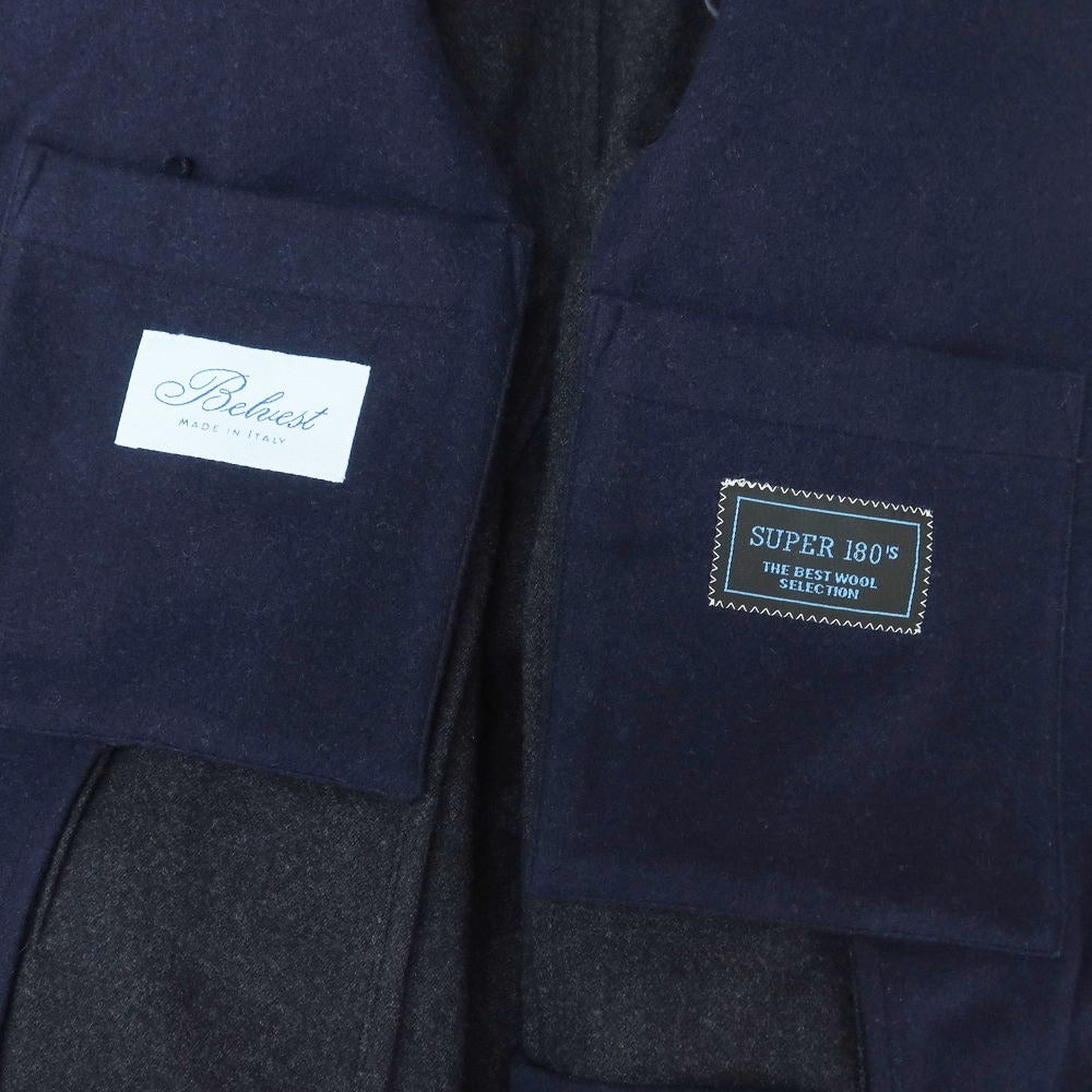 【新品】ベルベスト Belvest SUPER180’sウール ノーカラージャケット ネイビー【 48 Drop7 】【 状態ランクN 】【 メンズ 】