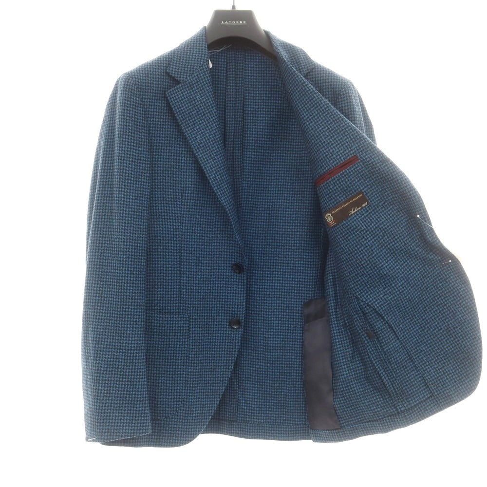【新品】サルトリア ラトーレ SARTORIA LATORRE ウール ハウンドトゥース柄 テーラードジャケット グリーンブルーxブラック【 46 】【 状態ランクN 】【 メンズ 】