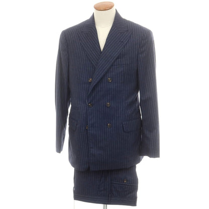 【新品】ブルネロクチネリ Brunello Cucinelli ウール ストライプ 6B ダブルスーツ ネイビーxホワイト【 48 】【 状態ランクN 】【 メンズ 】