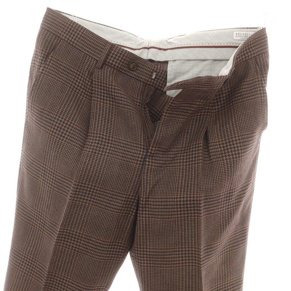 【新品】ブルネロクチネリ Brunello Cucinelli ウールリネン チェック ドレススラックスパンツ ブラウンxネイビー【 48 】【 状態ランクN 】【 メンズ 】