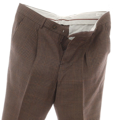 【新品】ブルネロクチネリ Brunello Cucinelli ウールリネン チェック ドレススラックスパンツ ブラウンxネイビー【 48 】【 状態ランクN 】【 メンズ 】