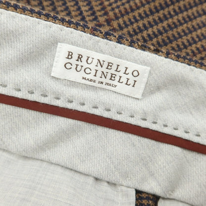 【新品】ブルネロクチネリ Brunello Cucinelli ウールリネン チェック ドレススラックスパンツ ブラウンxネイビー【 48 】【 状態ランクN 】【 メンズ 】
