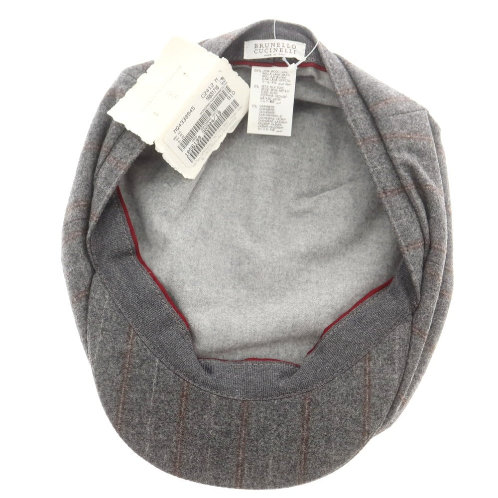 【新品】ブルネロクチネリ Brunello Cucinelli ウールシルクカシミヤ ハンチング 帽子 グレーxブラウン【 M 】【 状態ランクN 】【 メンズ 】