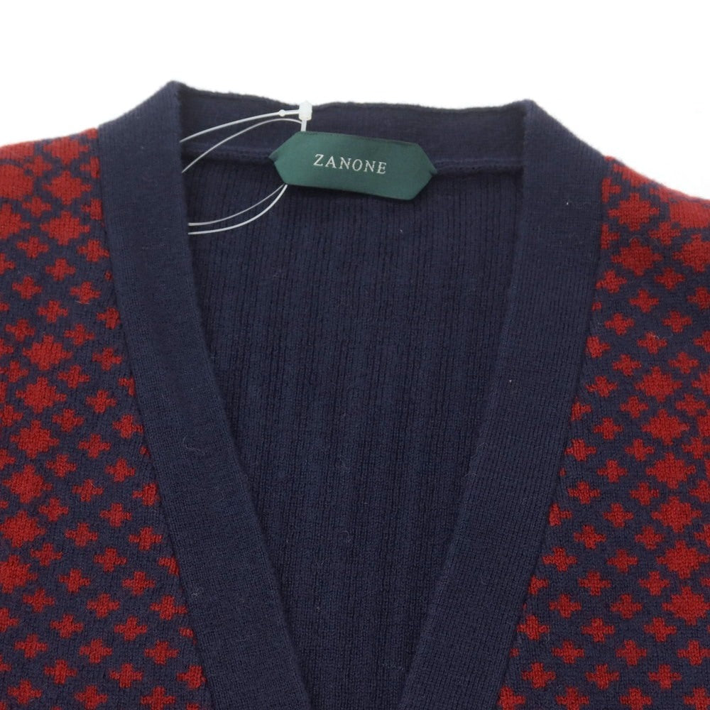 【新品】ザノーネ ZANONE ウール ニット カーディガン ネイビーxレッド【 48 】【 状態ランクN 】【 メンズ 】
