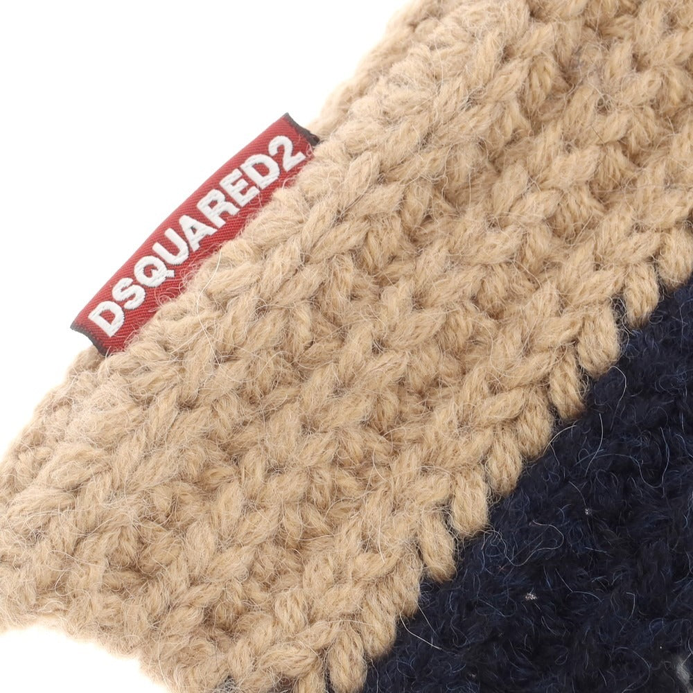 【新品】ディースクエアード DSQUARED2 アクリルアルパカウール ビーニー ニットキャップ ベージュxネイビー【サイズUNI】【 状態ランクN 】【 メンズ 】 [DPD]