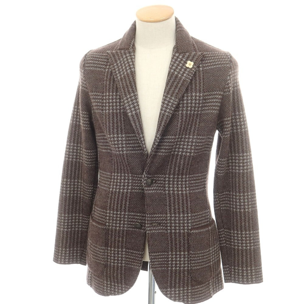 【中古】ラルディーニ LARDINI ウールアルパカ チェック ニットジャケット ブラウンxライトグレー【 XS 】【 状態ランクA 】【 メンズ 】