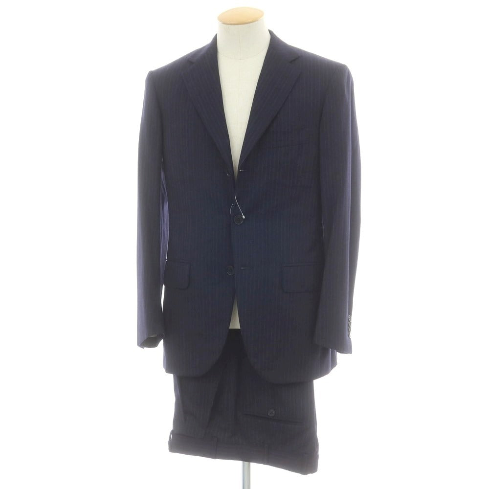 【中古】イザイア ISAIA SIMONE ウール ストライプ 3つボタンスーツ ネイビー【 42 】【 状態ランクC 】【 メンズ 】
