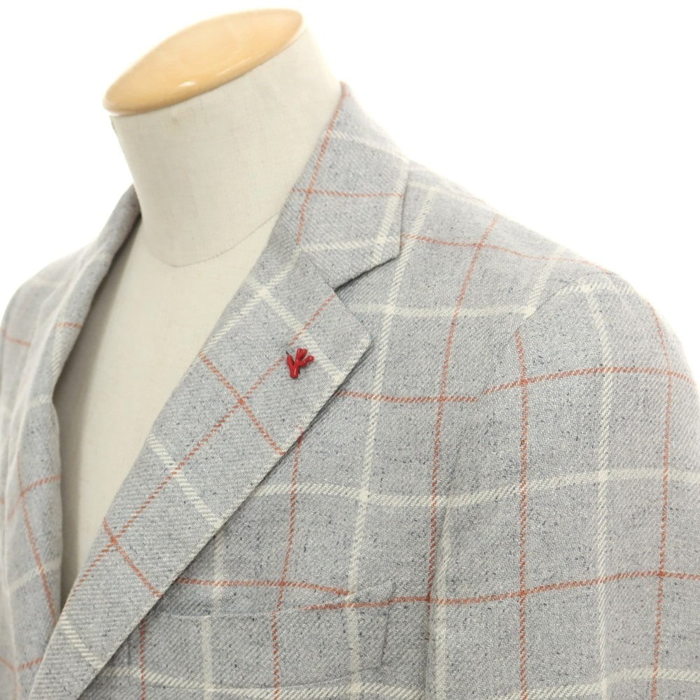 【中古】イザイア ISAIA SAILOR シルク チェック 3B テーラードジャケット ライトグレーxオレンジ【サイズ42】【 状態ランクD 】【 メンズ 】 [DPD]