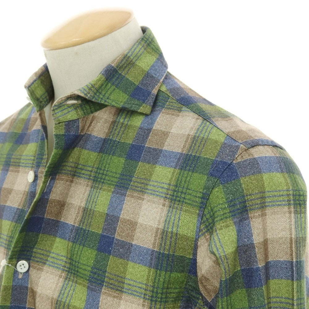 【中古】エンメ テ エンネ Emme te. Enne コットン チェック プリント ワイドカラー カジュアルシャツ グリーンxベージュ【サイズXS】【 状態ランクB 】【 メンズ 】