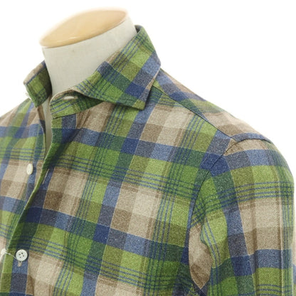 【中古】エンメ テ エンネ Emme te. Enne コットン チェック プリント ワイドカラー カジュアルシャツ グリーンxベージュ【サイズXS】【 状態ランクB 】【 メンズ 】