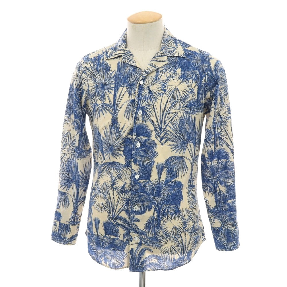 【中古】バグッタ Bagutta コットン ボタニカル柄 プリント オープンカラー カジュアルシャツ ベージュxブルー【サイズ37】【 状態ランクB 】【 メンズ 】