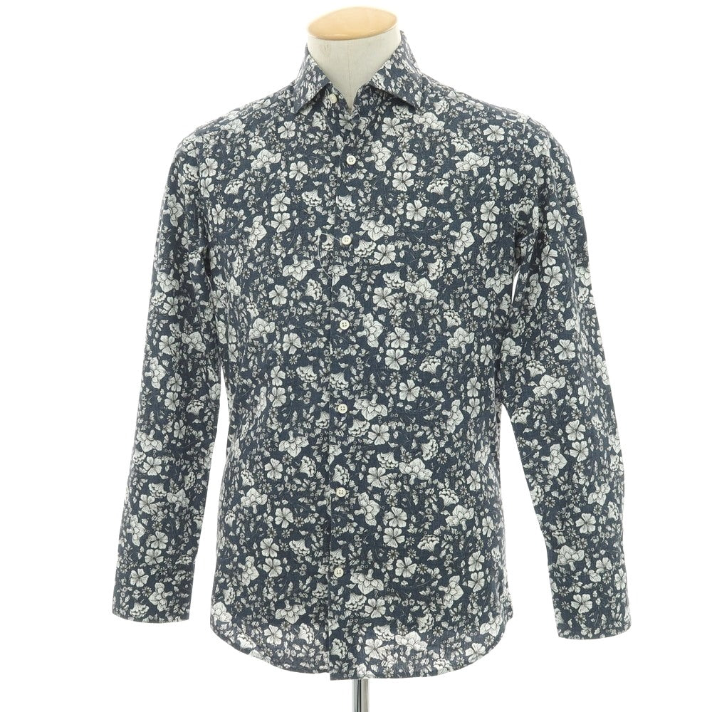 【中古】ギラルデッリ GHIRARDELLI コットン ボタニカル柄 プリント ワイドカラー カジュアルシャツ ネイビーxホワイト【サイズ37】【 状態ランクB 】【 メンズ 】