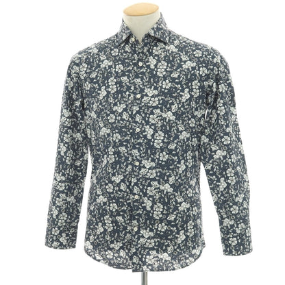 【中古】ギラルデッリ GHIRARDELLI コットン ボタニカル柄 プリント ワイドカラー カジュアルシャツ ネイビーxホワイト【サイズ37】【 状態ランクB 】【 メンズ 】