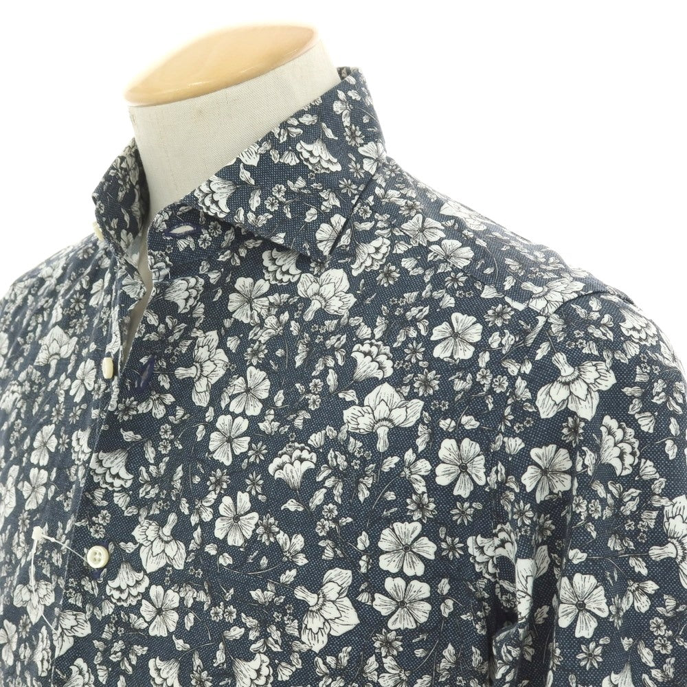 【中古】ギラルデッリ GHIRARDELLI コットン ボタニカル柄 プリント ワイドカラー カジュアルシャツ ネイビーxホワイト【サイズ37】【 状態ランクB 】【 メンズ 】