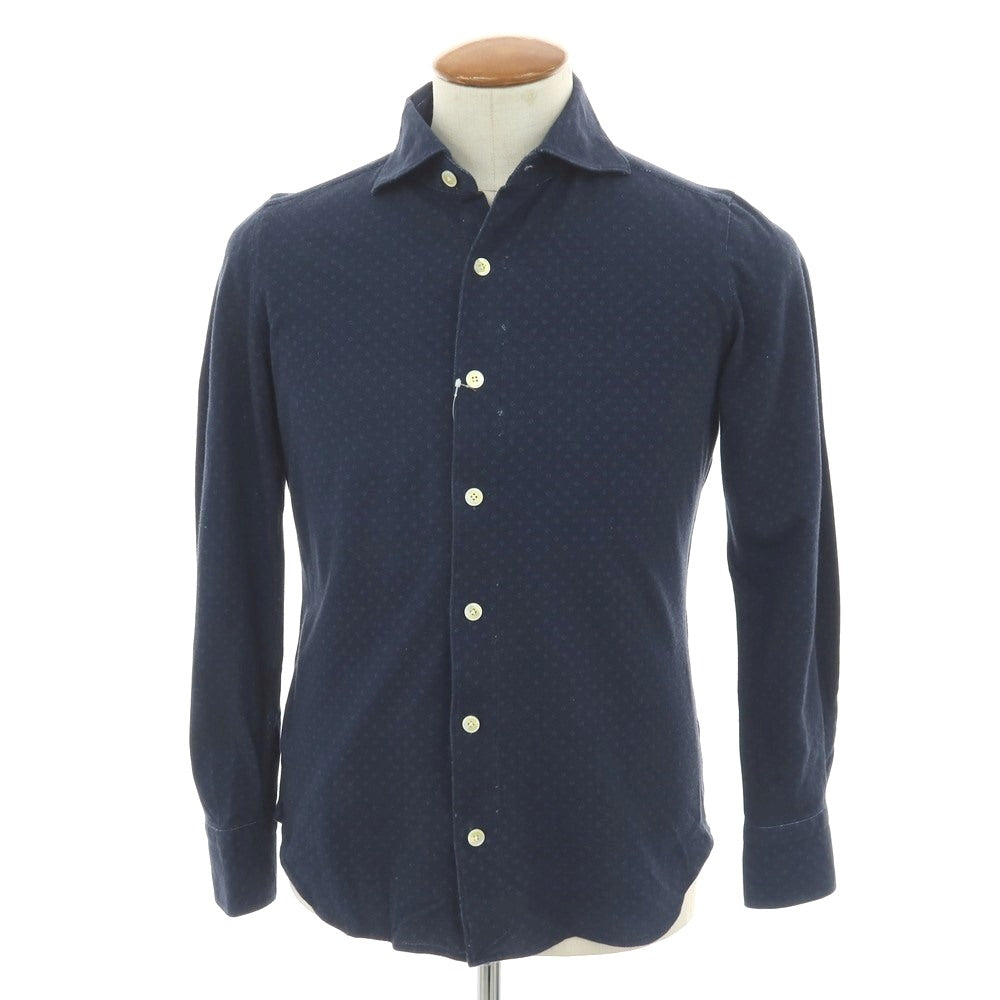 【中古】フィナモレ Finamore コットン ジャージー ドット プリント ワイドカラー カジュアルシャツ ネイビーxブルー【サイズ39】【 状態ランクD 】【 メンズ 】