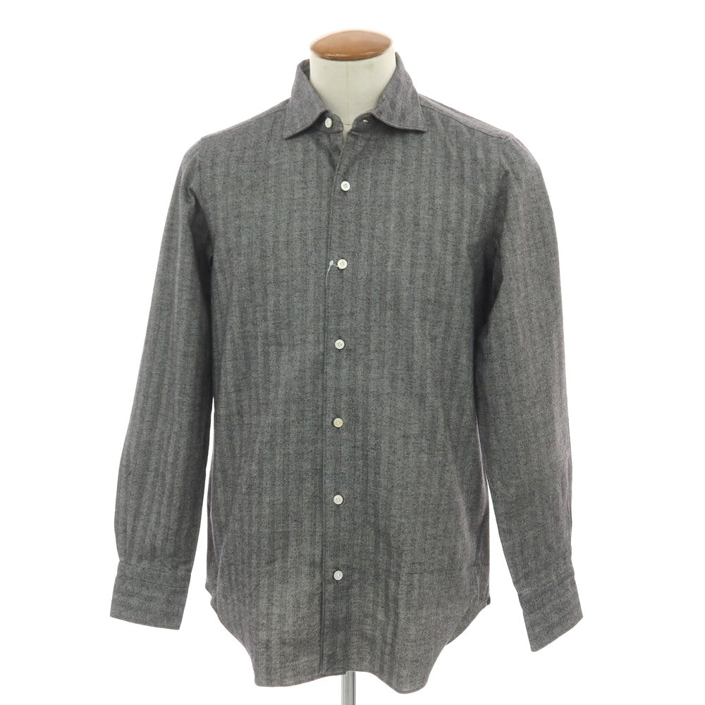 【中古】フィナモレ Finamore コットンウール ヘリンボーンストライプ ワイドカラー カジュアルシャツ グレー【サイズM】【 状態ランクA 】【 メンズ 】