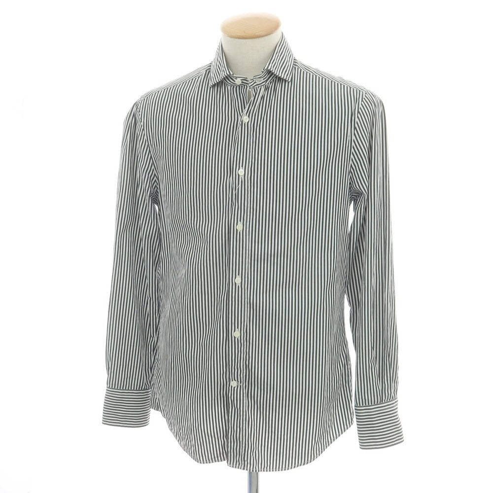 【中古】ブルネロクチネリ Brunello Cucinelli コットン ストライプ ワイドカラー カジュアルシャツ ブラックxホワイト【サイズS】【 状態ランクC 】【 メンズ 】