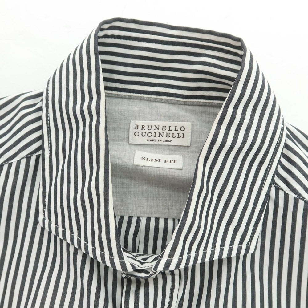 【中古】ブルネロクチネリ Brunello Cucinelli コットン ストライプ ワイドカラー カジュアルシャツ ブラックxホワイト【サイズS】【 状態ランクC 】【 メンズ 】