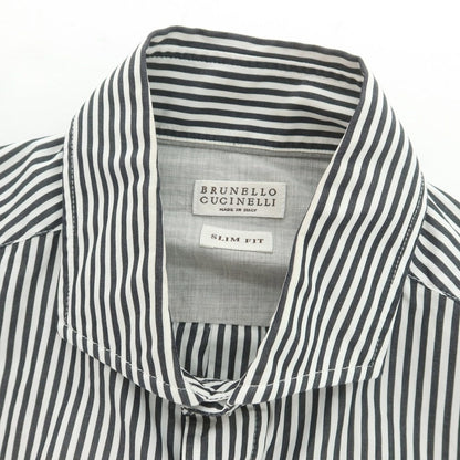 【中古】ブルネロクチネリ Brunello Cucinelli コットン ストライプ ワイドカラー カジュアルシャツ ブラックxホワイト【サイズS】【 状態ランクC 】【 メンズ 】