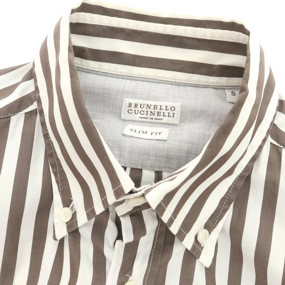 【中古】ブルネロクチネリ Brunello Cucinelli コットン ストライプ ボタンダウン カジュアルシャツ ブラウンxホワイト【サイズS】【 状態ランクD 】【 メンズ 】