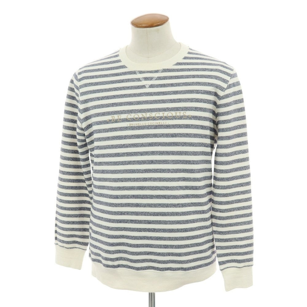 【中古】ブルネロクチネリ Brunello Cucinelli コットンリネン ボーダー クルーネック スウェット ネイビーxホワイト【 M 】【 状態ランクC 】【 メンズ 】