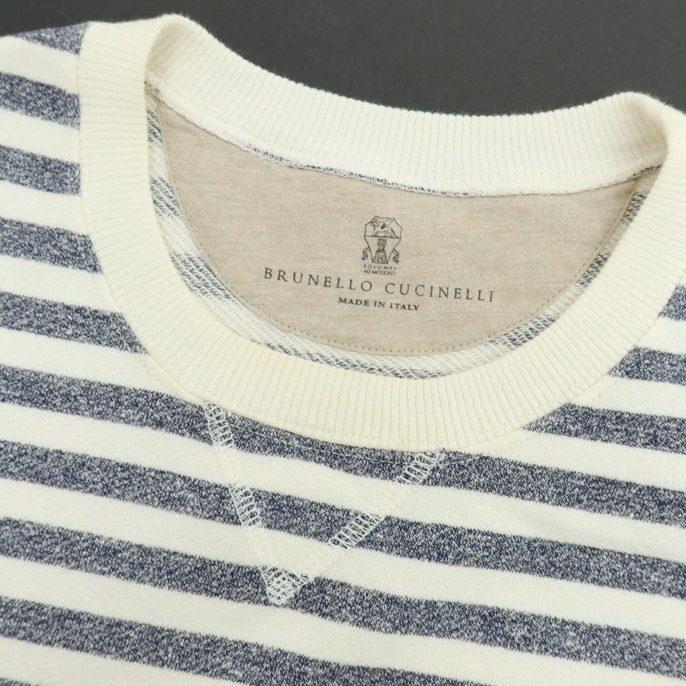 【中古】ブルネロクチネリ Brunello Cucinelli コットンリネン ボーダー クルーネック スウェット ネイビーxホワイト【 M 】【 状態ランクC 】【 メンズ 】