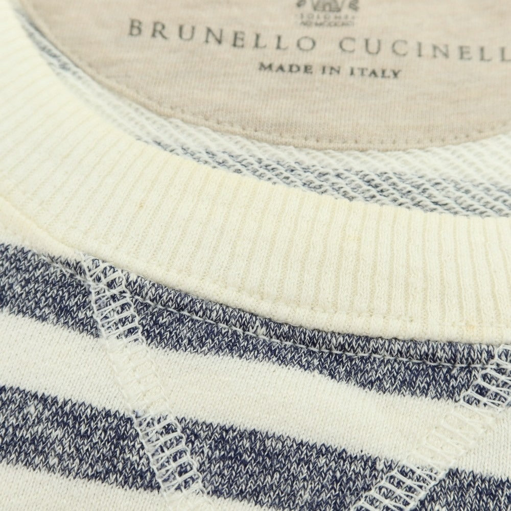 【中古】ブルネロクチネリ Brunello Cucinelli コットンリネン ボーダー クルーネック スウェット ネイビーxホワイト【 M 】【 状態ランクC 】【 メンズ 】