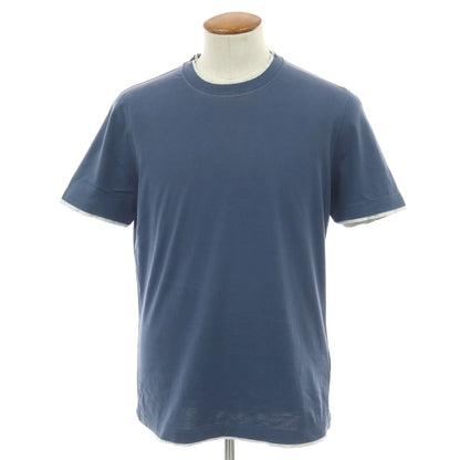 【中古】ブルネロクチネリ Brunello Cucinelli コットン クルーネック レイヤード風 半袖Ｔシャツ ライトネイビー系xライトグレー【 M 】【 状態ランクC 】【 メンズ 】